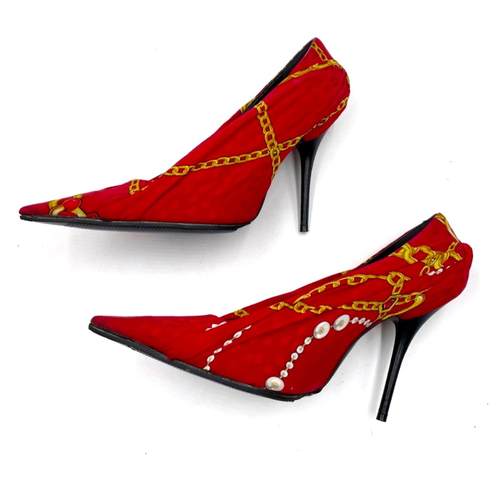 Balenciaga Knife Red Pumps Chain Print Fabric Wrap Sz 40